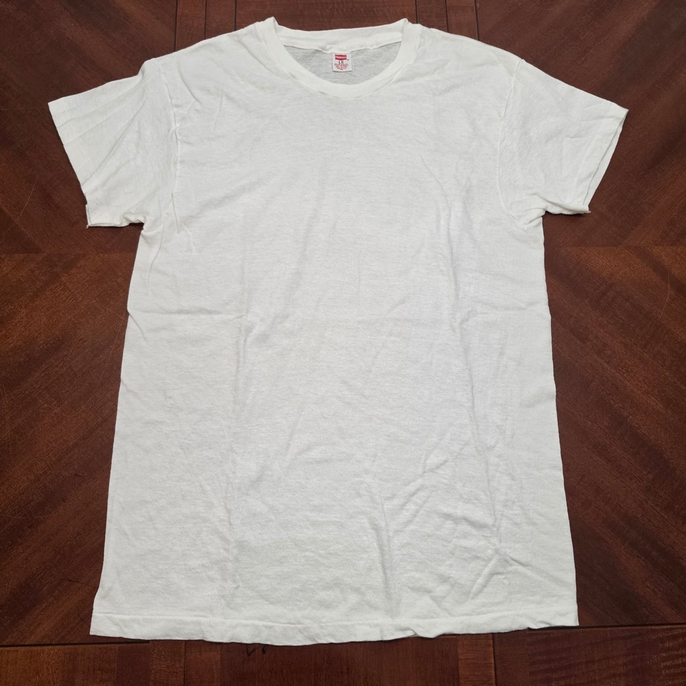 Hanes T-Shirt Mens L White Blank Single Stitch Vintage 80s 90s Made USA Cotton